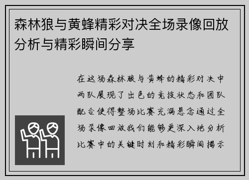 森林狼与黄蜂精彩对决全场录像回放分析与精彩瞬间分享