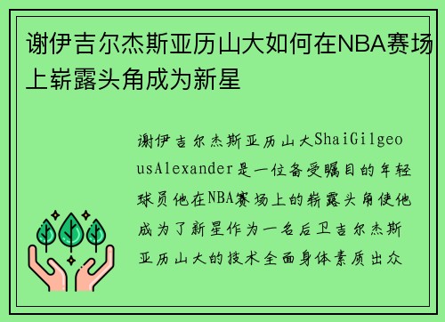 谢伊吉尔杰斯亚历山大如何在NBA赛场上崭露头角成为新星